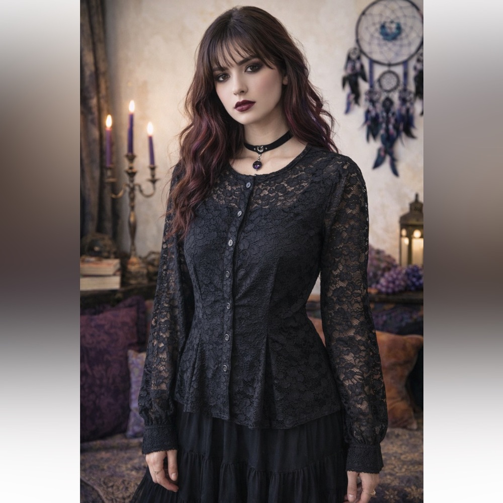 Lena Black Lace Cardigan with Balloon Sleeves Pleated Waist Sz M‎ Gothic Goth